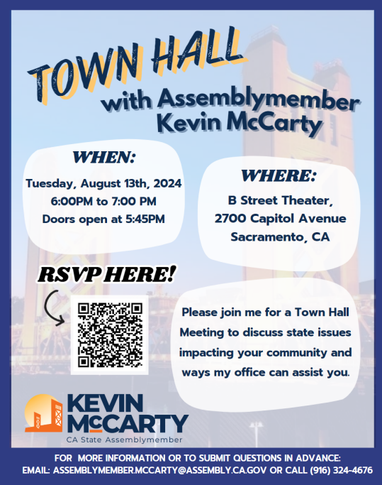 AD06 McCarty Town Hall Flyer, 8/13 6pm B Street Theater