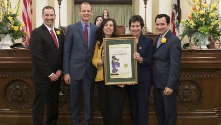 Assemblymember McCarty and AD 07 Woman of the Year, Peggy Delgado Fava with Speaker Rendon, Assemblymember Eggman, and Assemblymember Brian Dahle