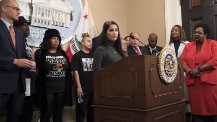 Use of force advocate Ellie Virrueta speaks at Assemblymember McCarty's AB 392 press conference.